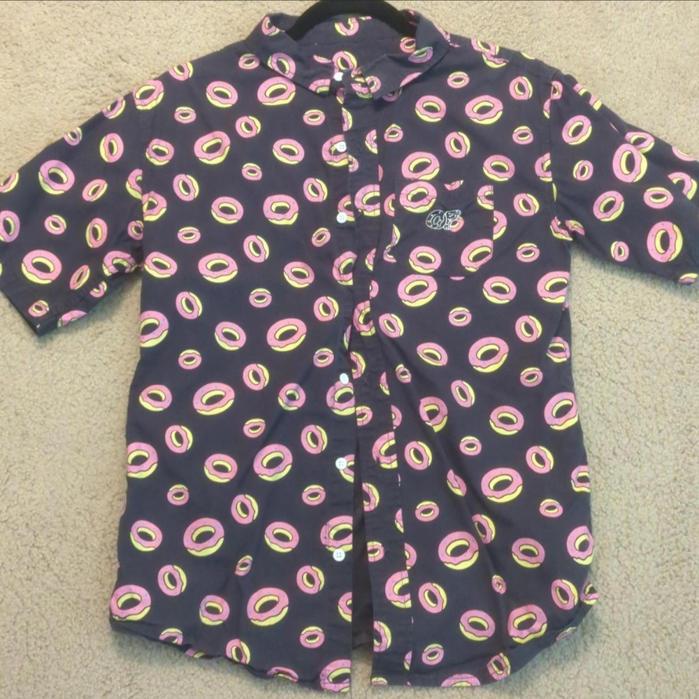 Odd Future Casual Navy Blue Button Down Shirt with Retro Pattern